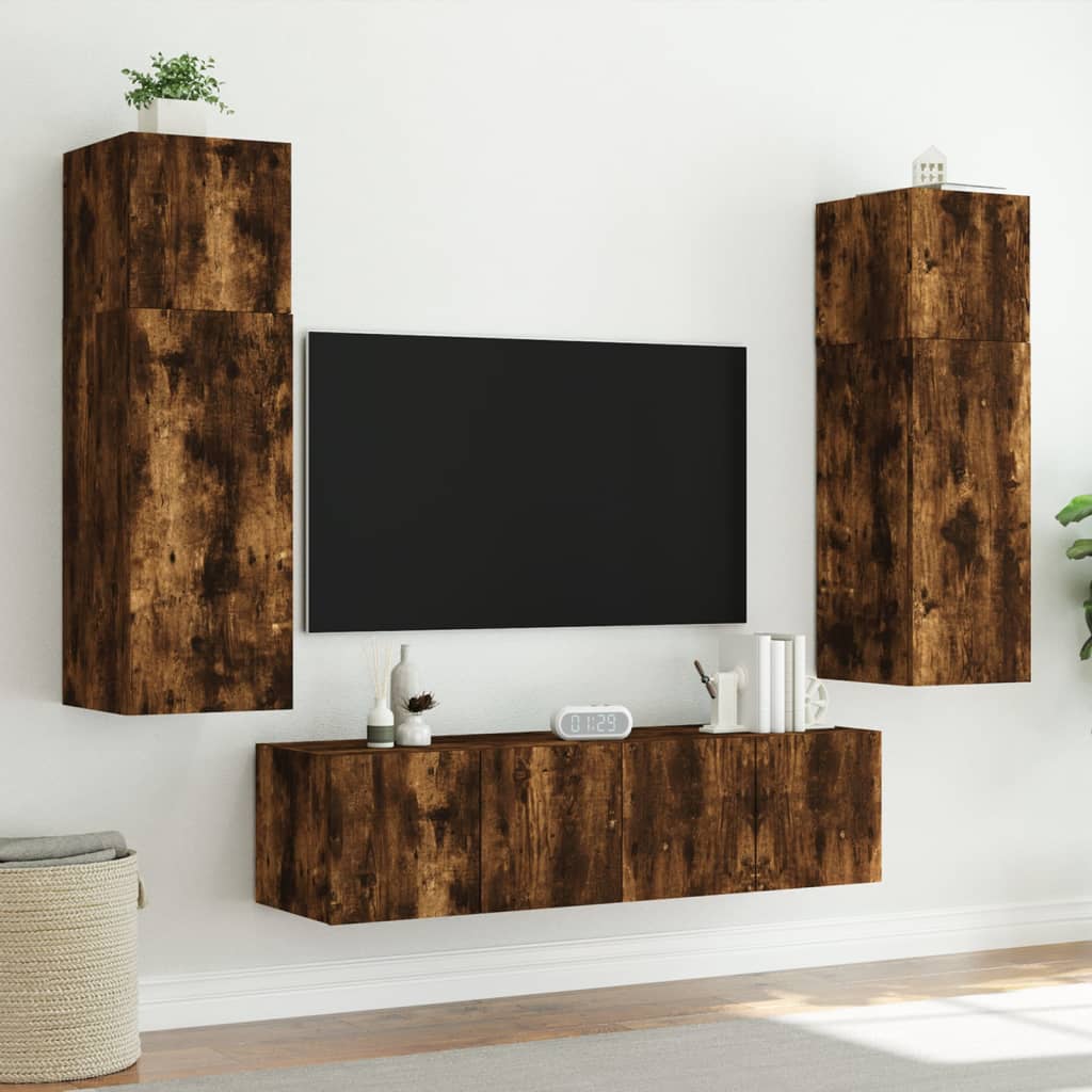 TV Wall Cabinets with LED Lights 2 pcs Smoked Oak 80x35x31 cm