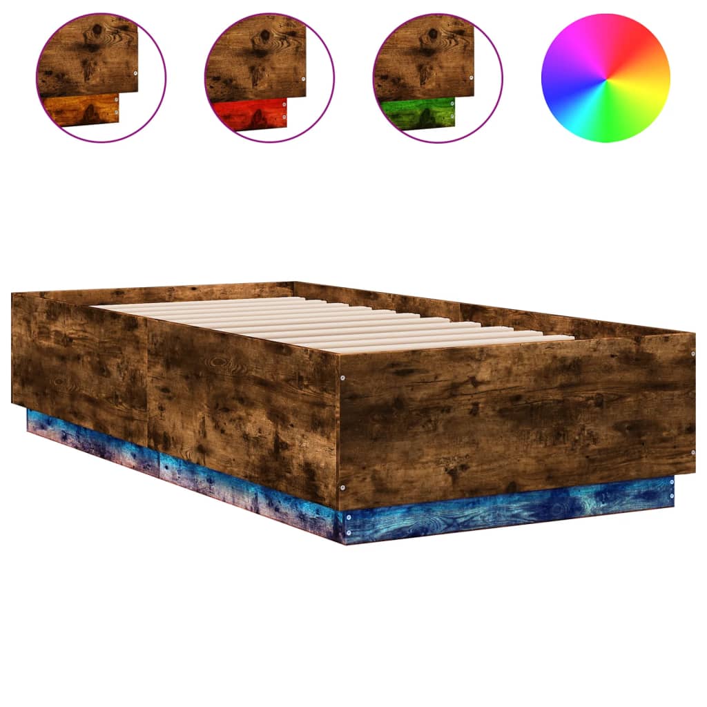 Bed Frame with LED without Mattress Smoked Oak 75x190 cm Small Single