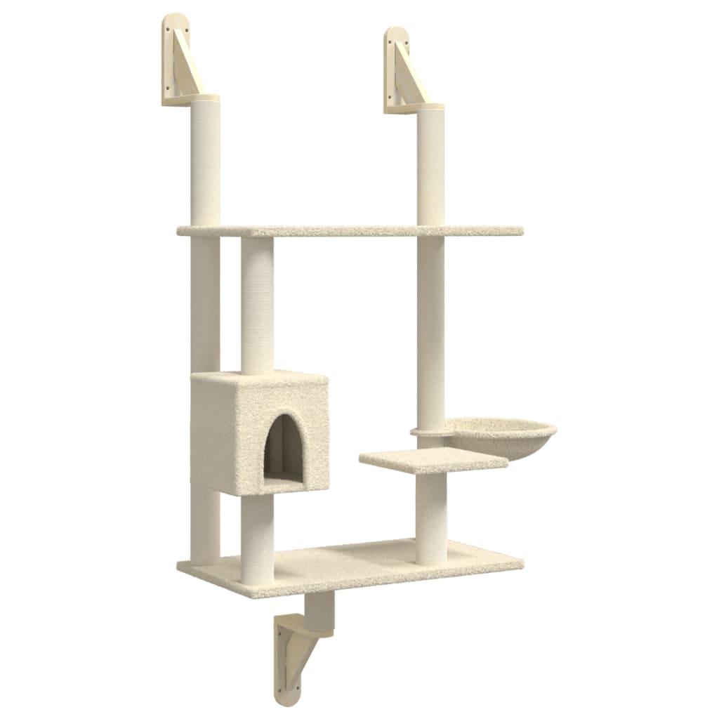 Wall-mounted Cat Tree with Scratching Post Cream 153 cm