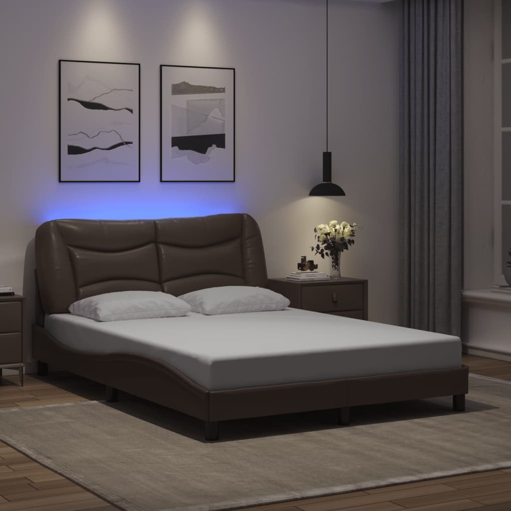 Bed Frame with LED without Mattress Brown 140x190 cm