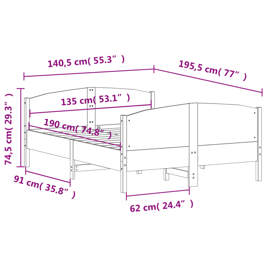 Bed Frame without Mattress Wax Brown 135x190 cm Double Solid Wood Pine