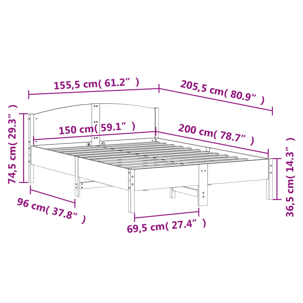 Bed Frame without Mattress 150x200 cm King Size Solid Wood Pine