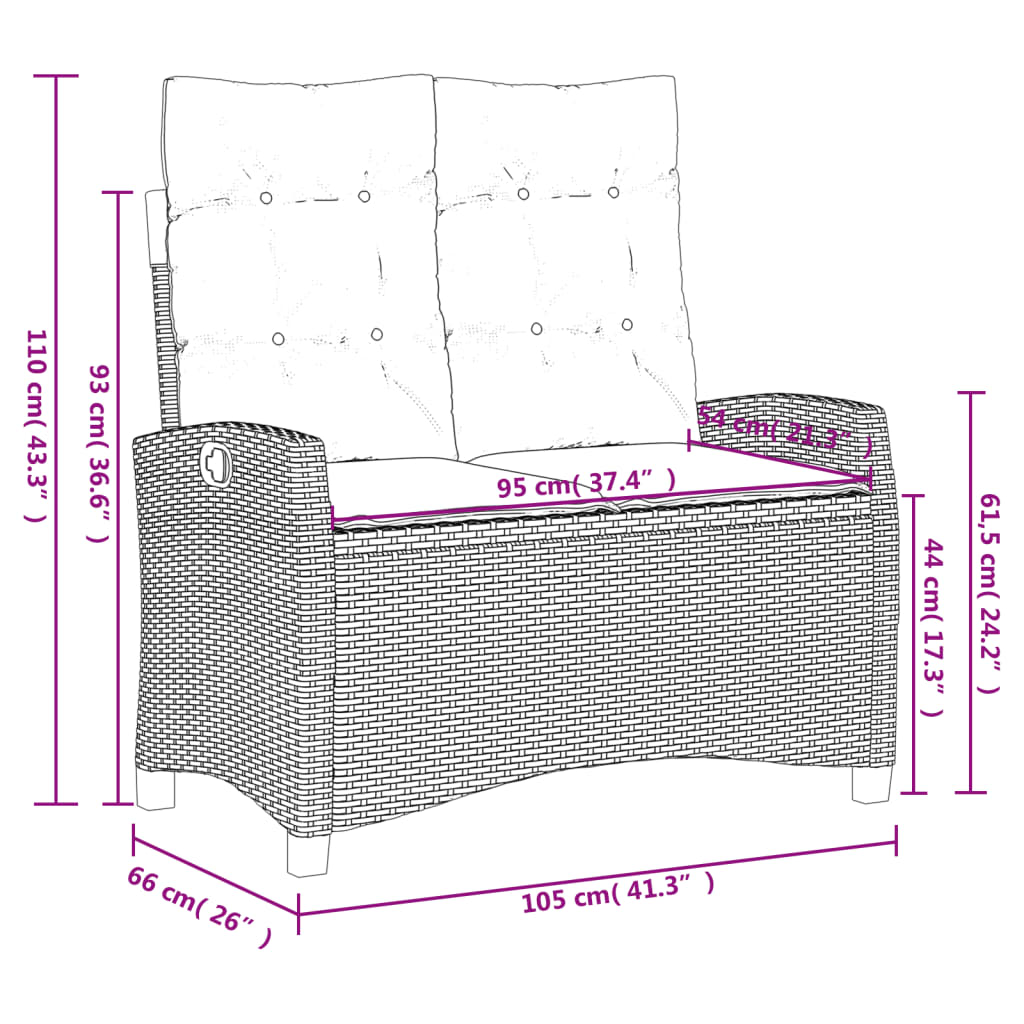 Reclining Garden Bench with Cushions Brown Poly Rattan