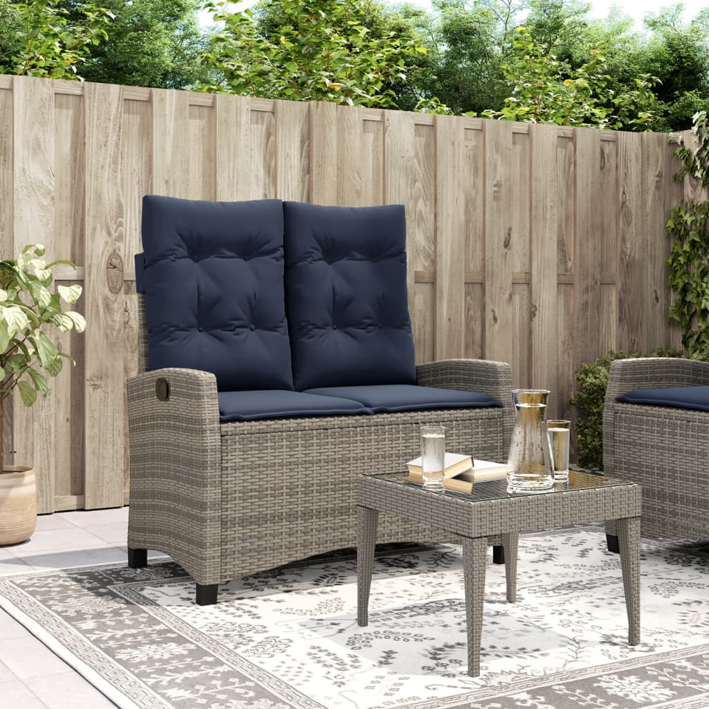 Reclining Garden Bench with Cushions Grey Poly Rattan