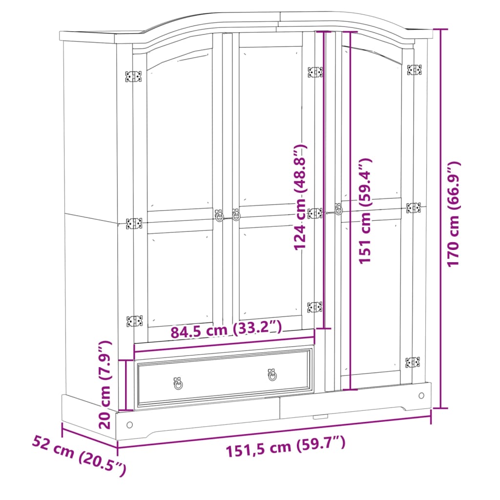 Wardrobe Corona 151.5x52x170 cm Solid Wood Pine