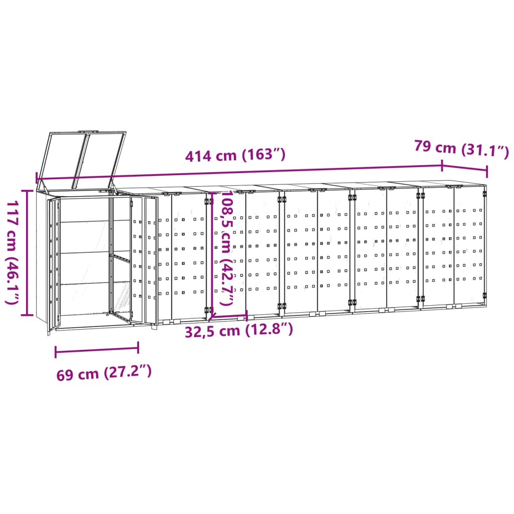 Wheelie Bin Storage for 6 Bins Grey 414x79x117 cm Steel