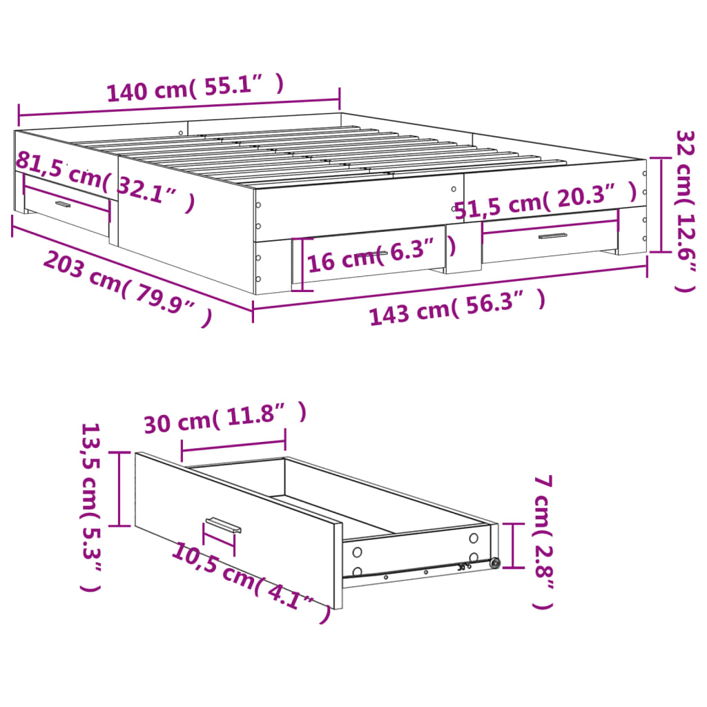 Bed Frame with Drawers without Mattress Smoked Oak 140x200 cm