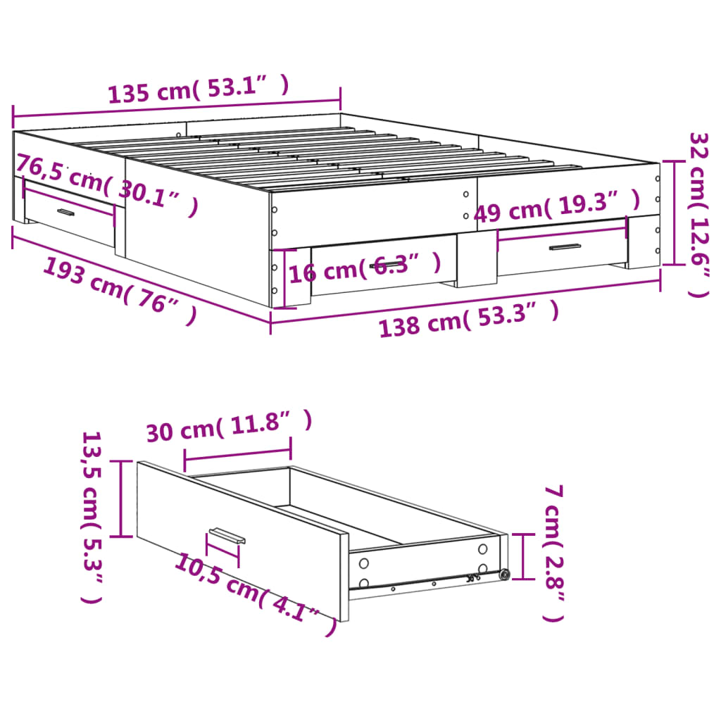 Bed Frame with Drawers without Mattress Brown Oak 135x190 cm Double