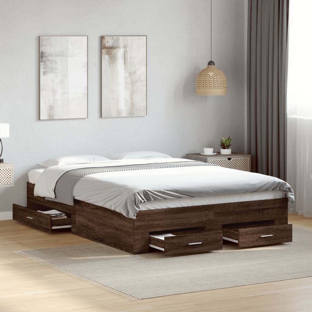 Bed Frame with Drawers without Mattress Brown Oak 135x190 cm Double