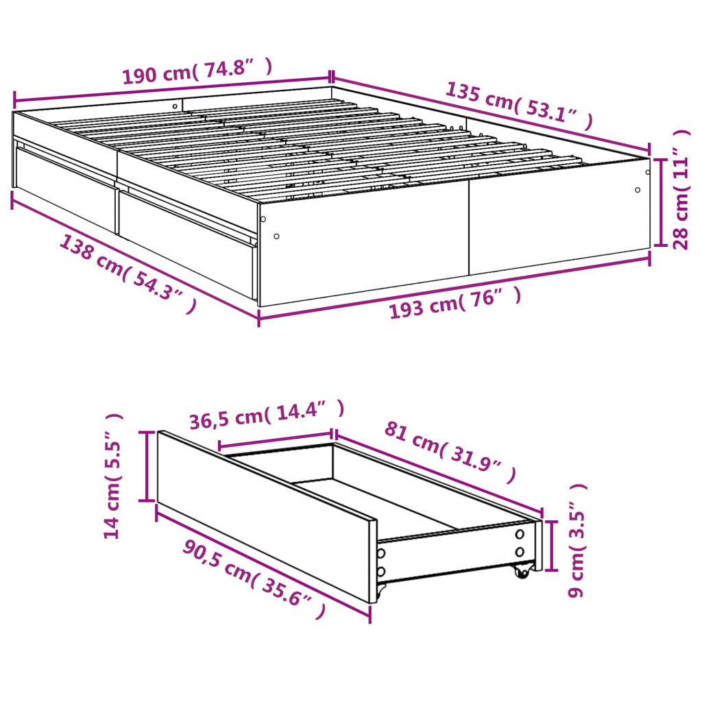 Bed Frame with Drawers without Mattress Concrete Grey 135x190 cm Double