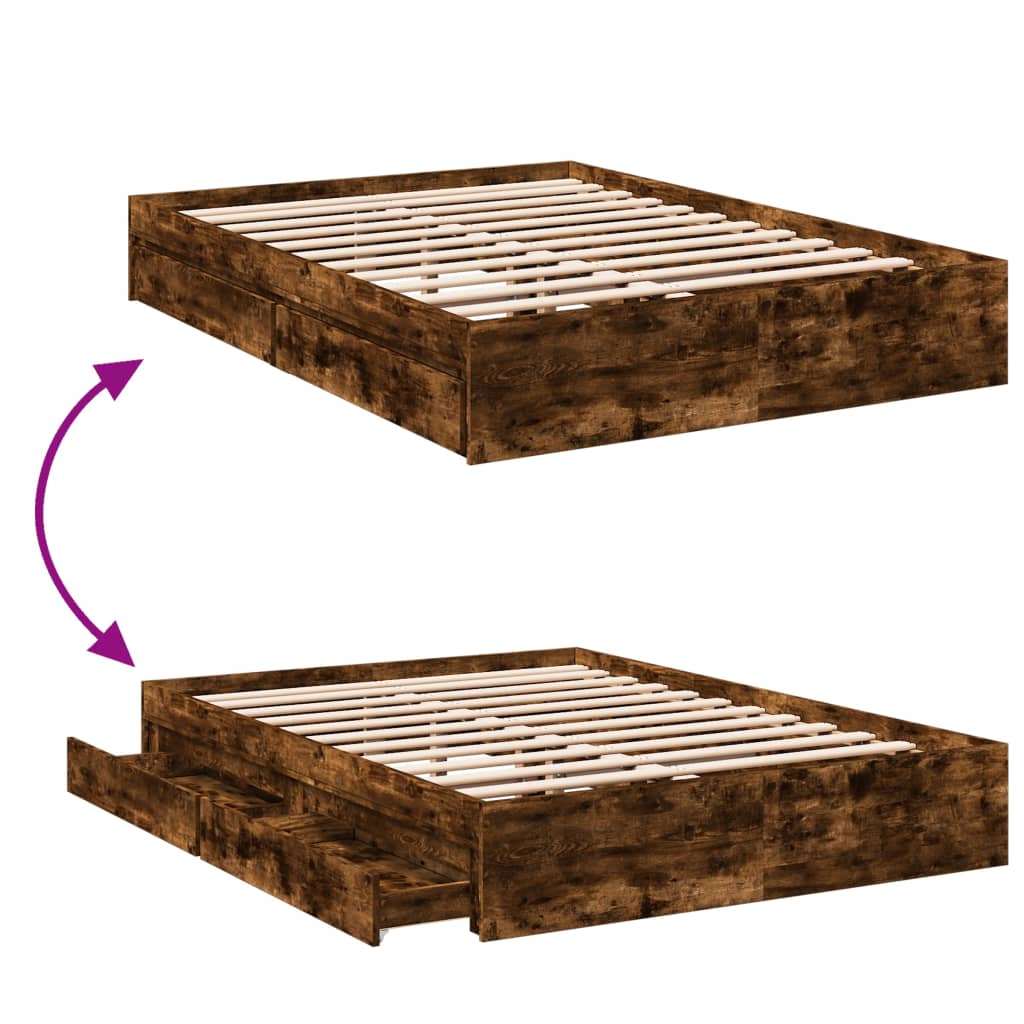 Bed Frame with Drawers without Mattress Smoked Oak 120x190 cm Small Double