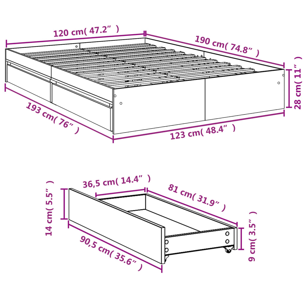 Bed Frame with Drawers without Mattress Smoked Oak 120x190 cm Small Double