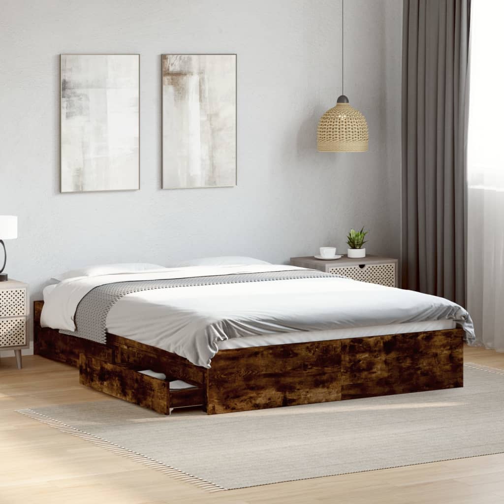 Bed Frame with Drawers without Mattress Smoked Oak 120x190 cm Small Double