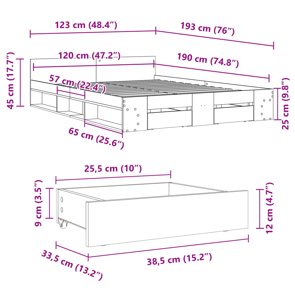 Bed Frame with Drawers without Mattress White 120x190 cm Small Double