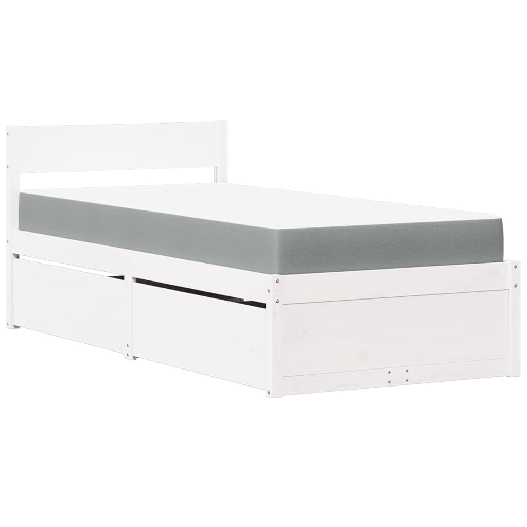 Bed with Drawers and Mattress White 100x200 cm Solid Wood Pine