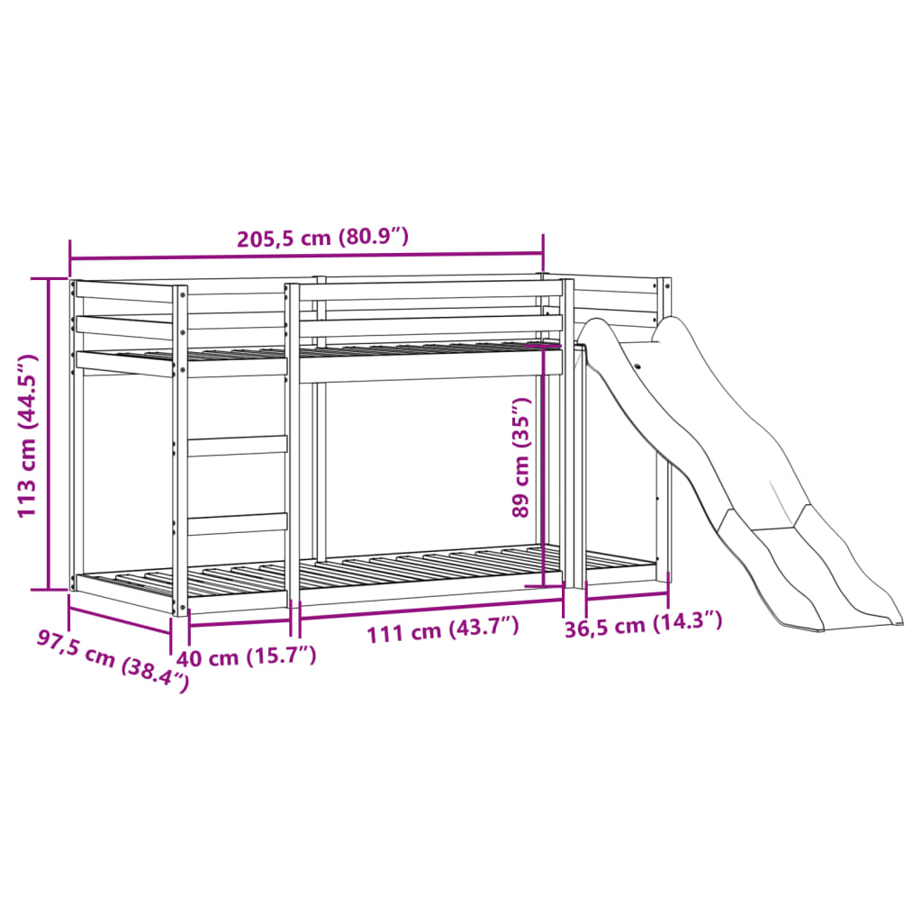 Bunk Bed with Slide&Ladder without Mattress 90x200 cm