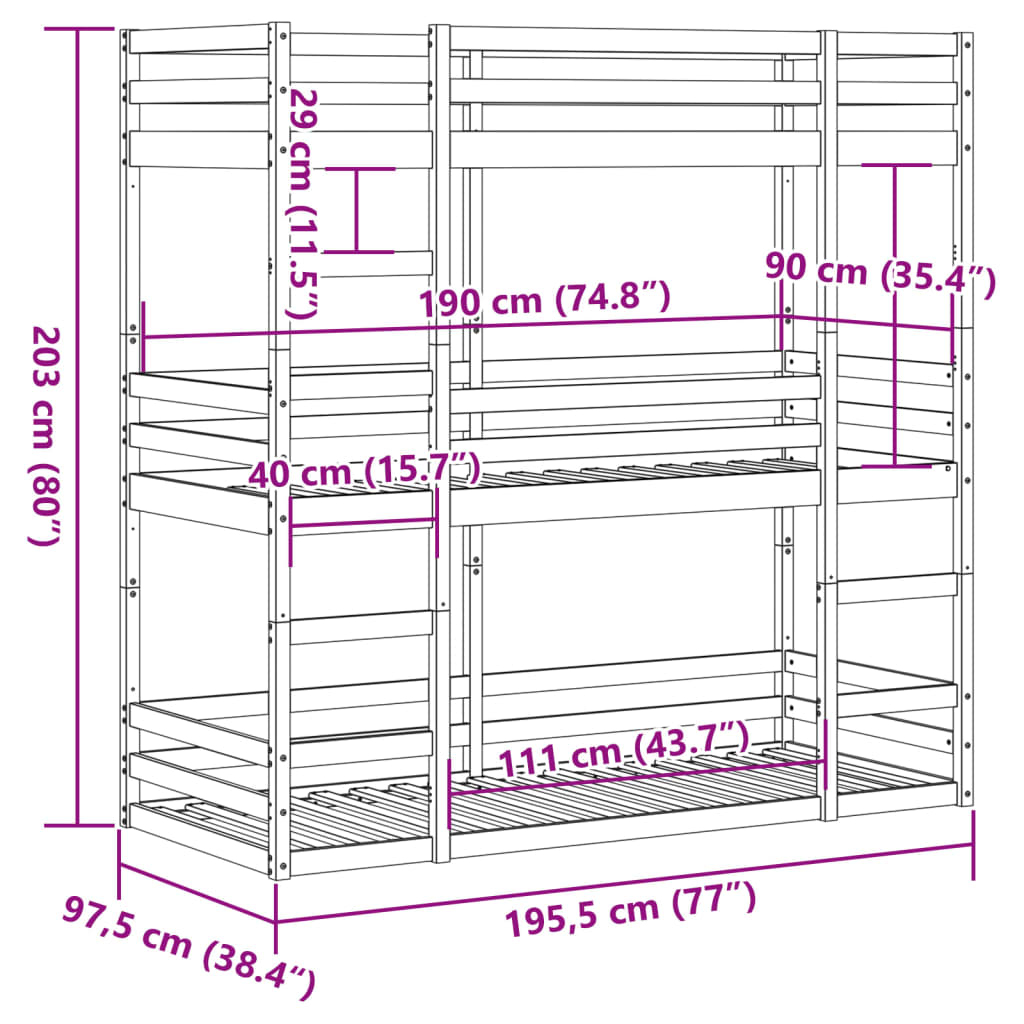 Triple Bunk Bed without Mattress 90x190 cm Single Solid Wood Pine