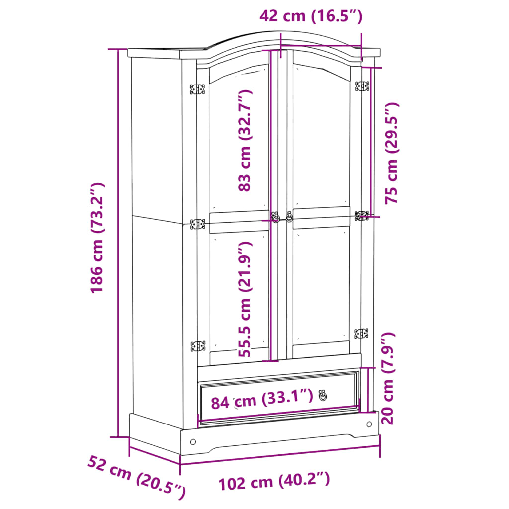 Wardrobe Corona White 102x52x186 cm Solid Wood Pine