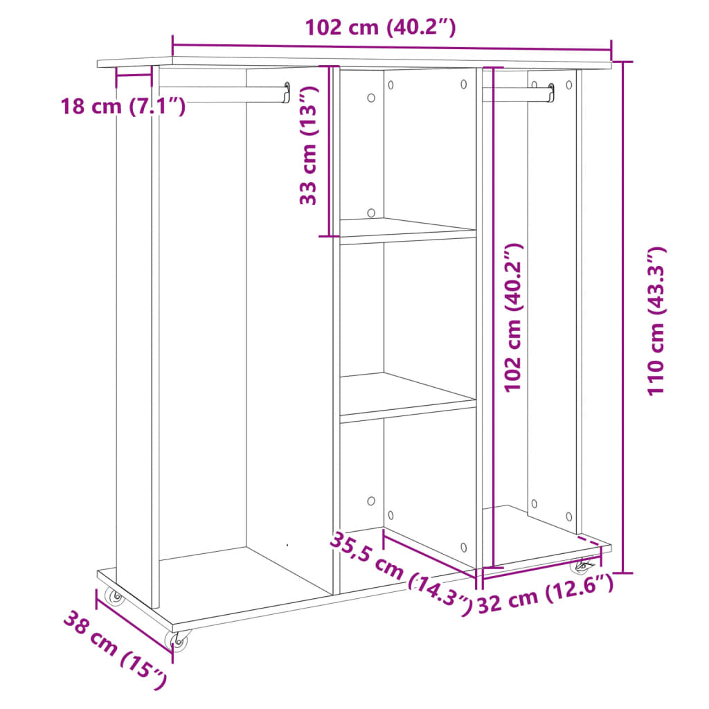 Wardrobe with Wheels Black 102x38x110 cm Engineered Wood