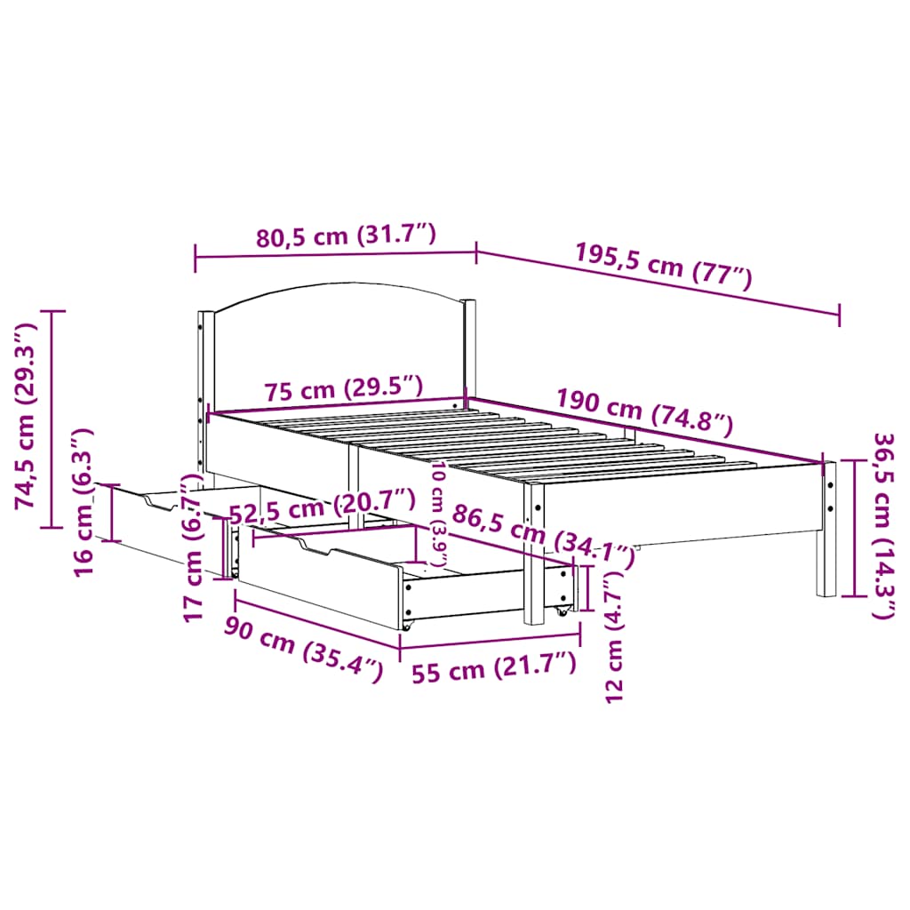 Bed Frame without Mattress Wax Brown 75x190 cm Small Single Solid Wood Pine