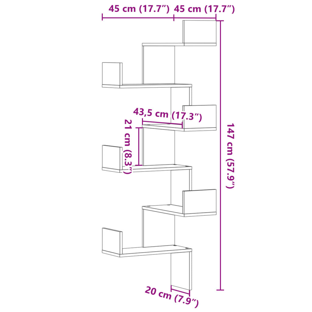 Wall Corner Shelf White 45x45x147 cm Engineered Wood