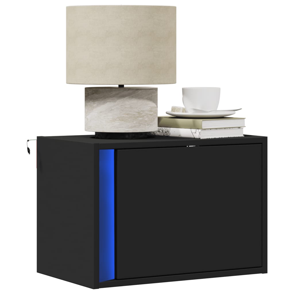 Wall-mounted Bedside Cabinet with LED Lights Black