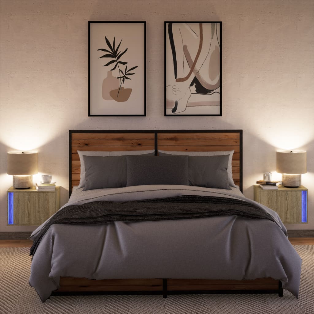 Wall-mounted Bedside Cabinets with LED Lights 2 pcs Sonoma Oak