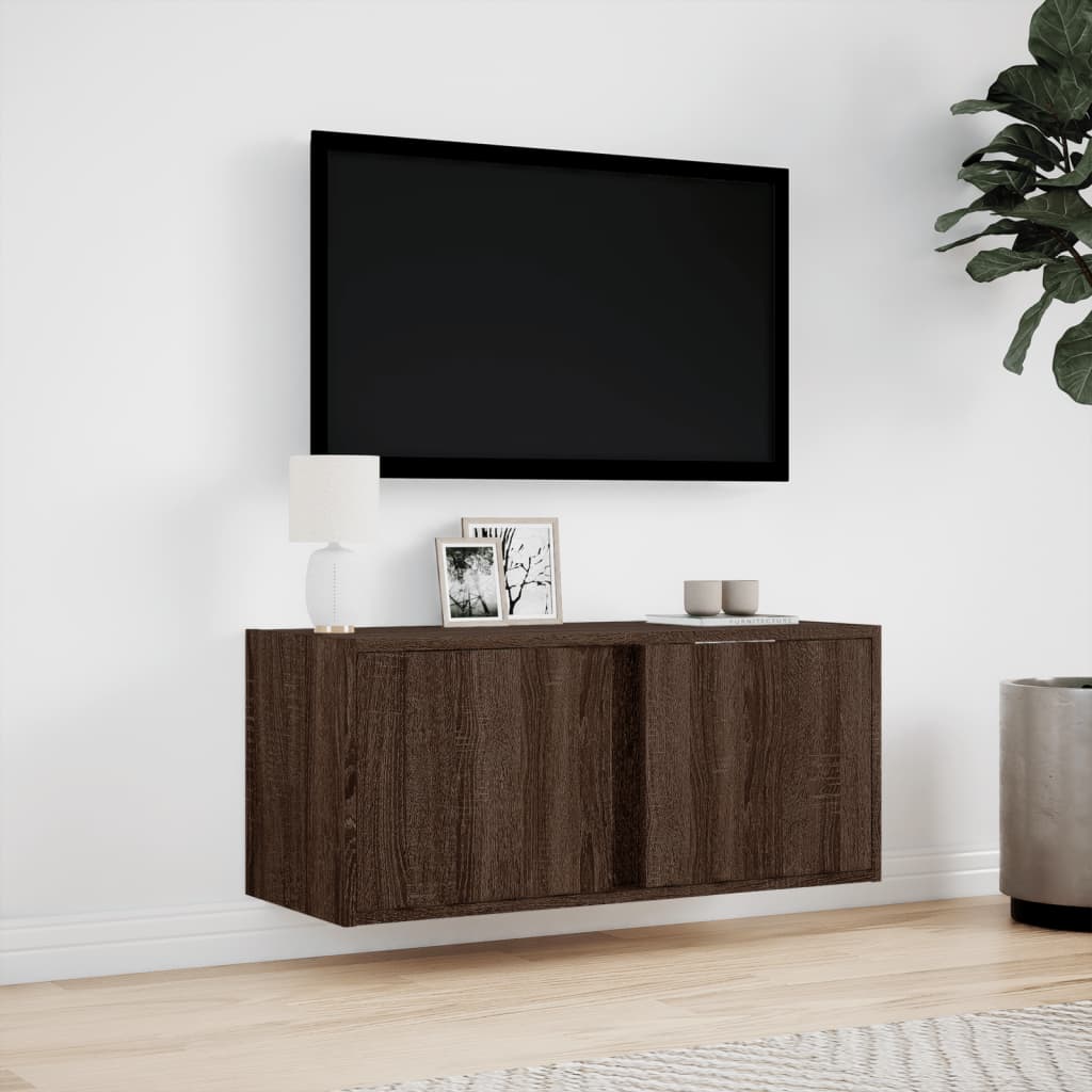 TV Wall Cabinet with LED Lights Brown Oak 80x31x35 cm