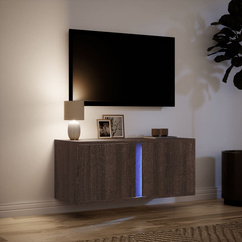 TV Wall Cabinet with LED Lights Brown Oak 80x31x35 cm