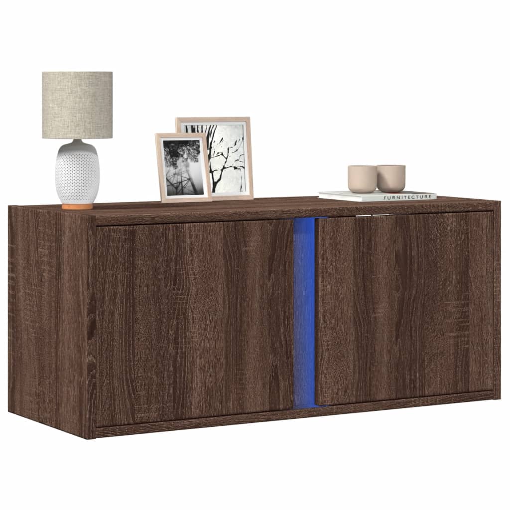 TV Wall Cabinet with LED Lights Brown Oak 80x31x35 cm