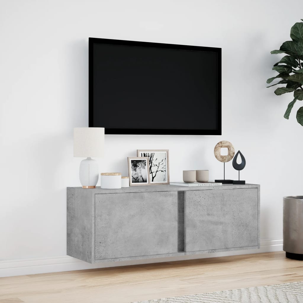 TV Wall Cabinet with LED Lights Concrete Grey 100x31x35 cm