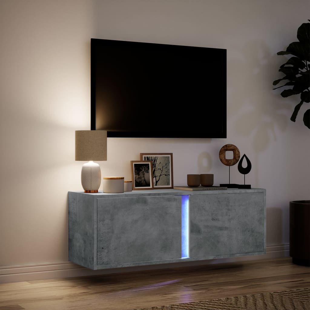 TV Wall Cabinet with LED Lights Concrete Grey 100x31x35 cm