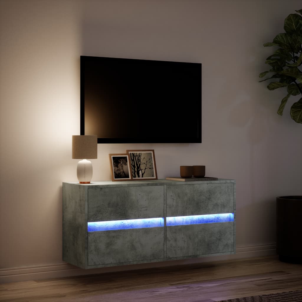 TV Wall Cabinet with LED Lights Concrete Grey 100x31x45 cm