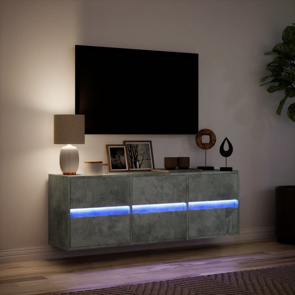 TV Wall Cabinet with LED Lights Concrete Grey 130x31x45 cm