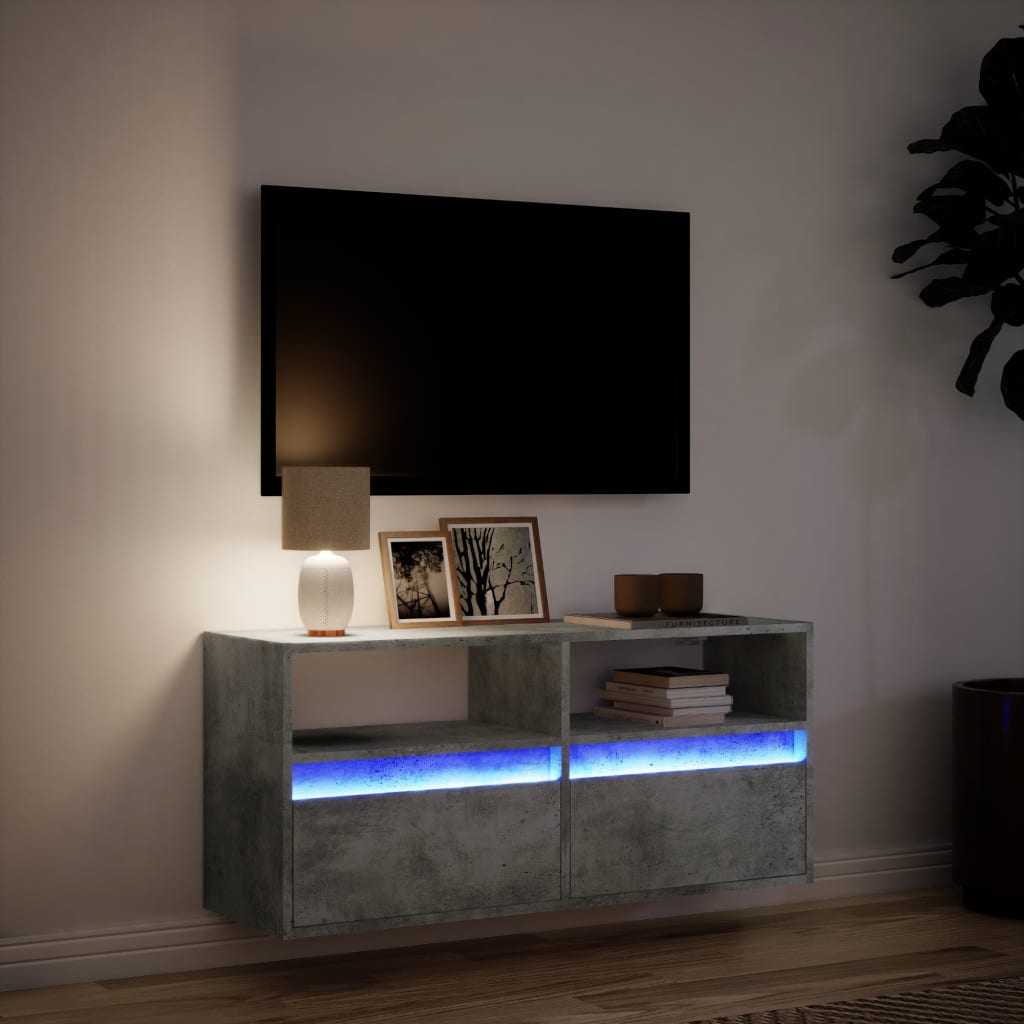 TV Wall Cabinet with LED Lights Concrete Grey 100x31x45 cm