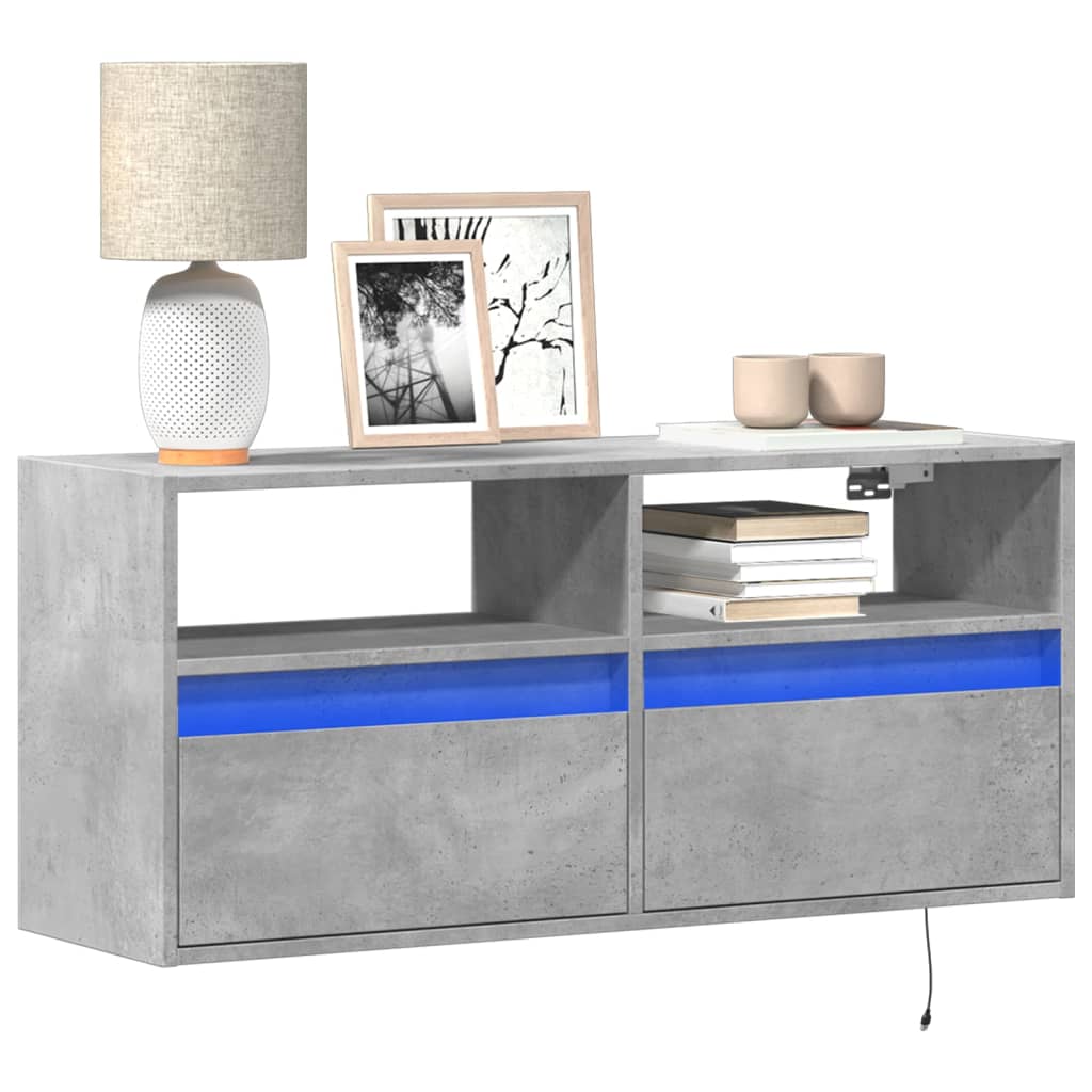 TV Wall Cabinet with LED Lights Concrete Grey 100x31x45 cm