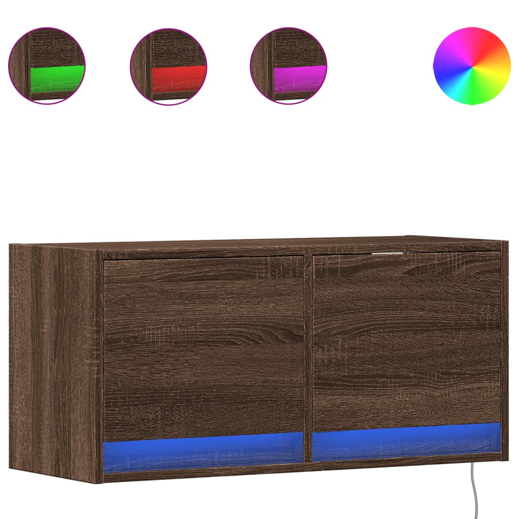 TV Wall Cabinet with LED Lights Brown Oak 80x31x35 cm