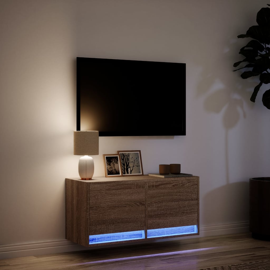 TV Wall Cabinet with LED Lights Brown Oak 80x31x35 cm