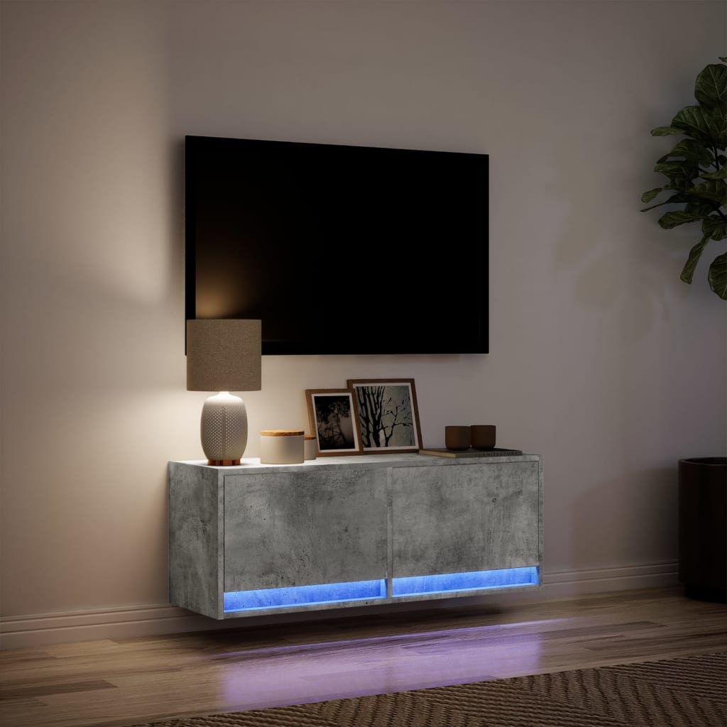 TV Wall Cabinet with LED Lights Concrete Grey 100x31x35 cm