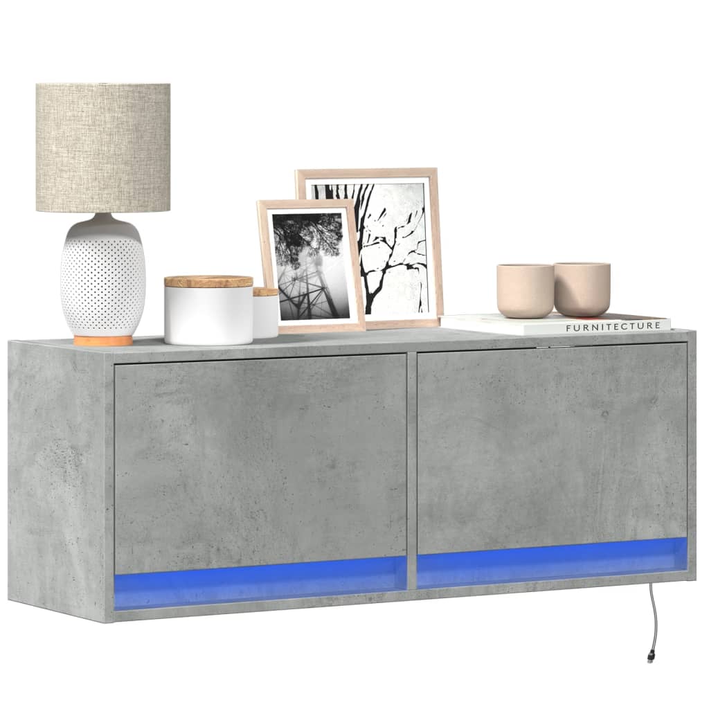 TV Wall Cabinet with LED Lights Concrete Grey 100x31x35 cm