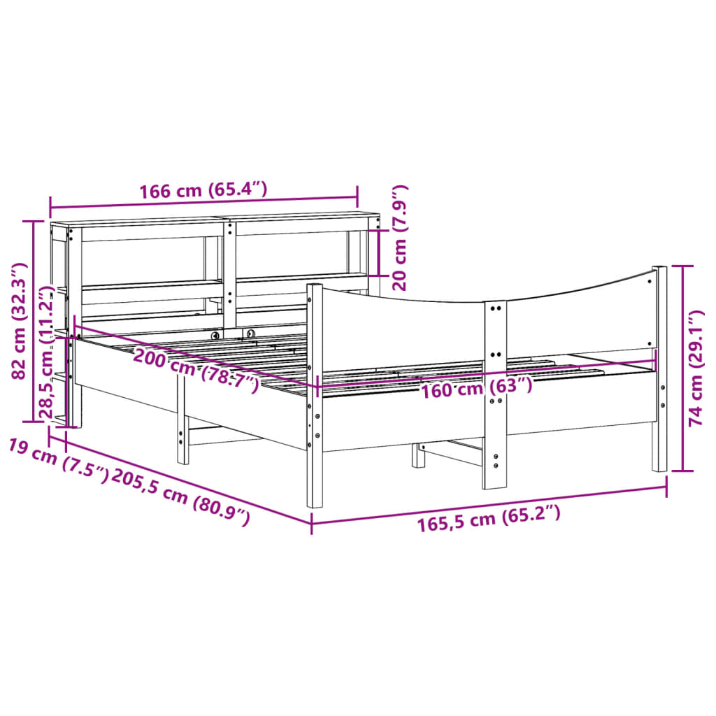 Bed Frame with Headboard White 160x200 cm Solid Wood Pine