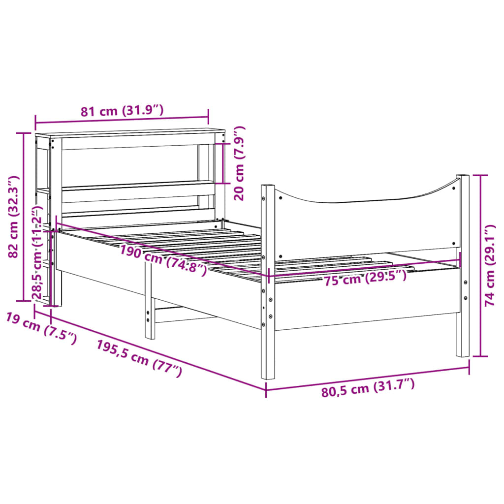 Bed Frame with Headboard White 75x190 cm Small Single Solid Wood Pine