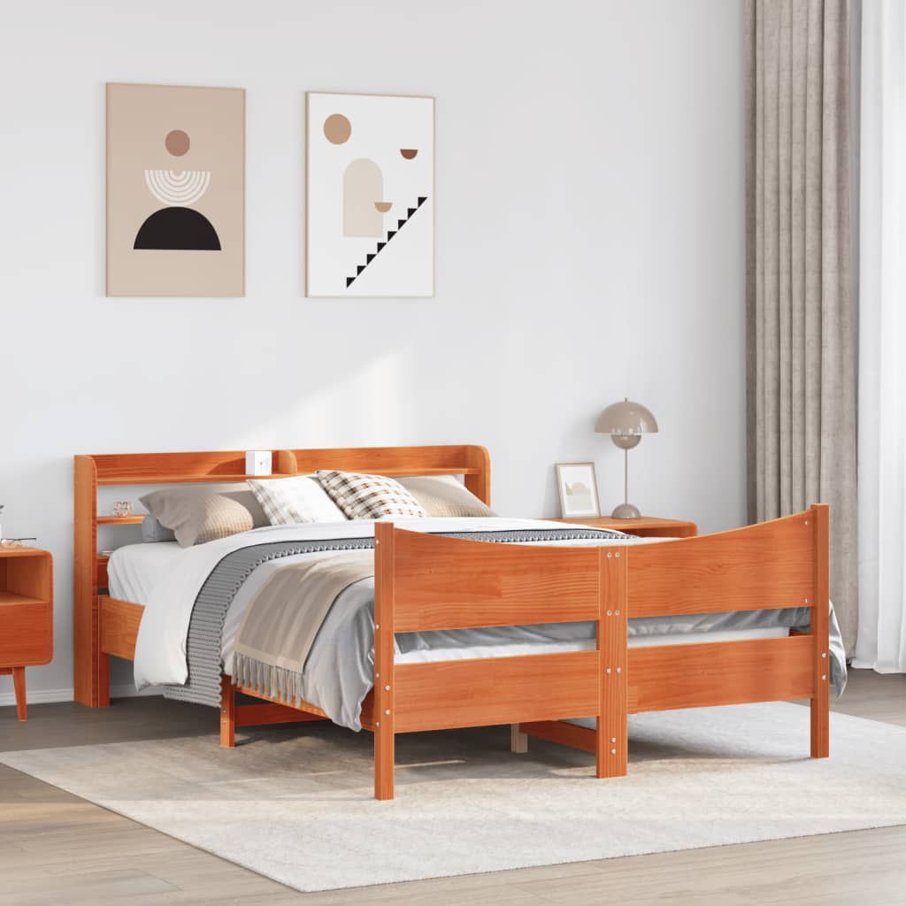 Bed Frame with Headboard Wax Brown 140x200 cm Solid Wood Pine