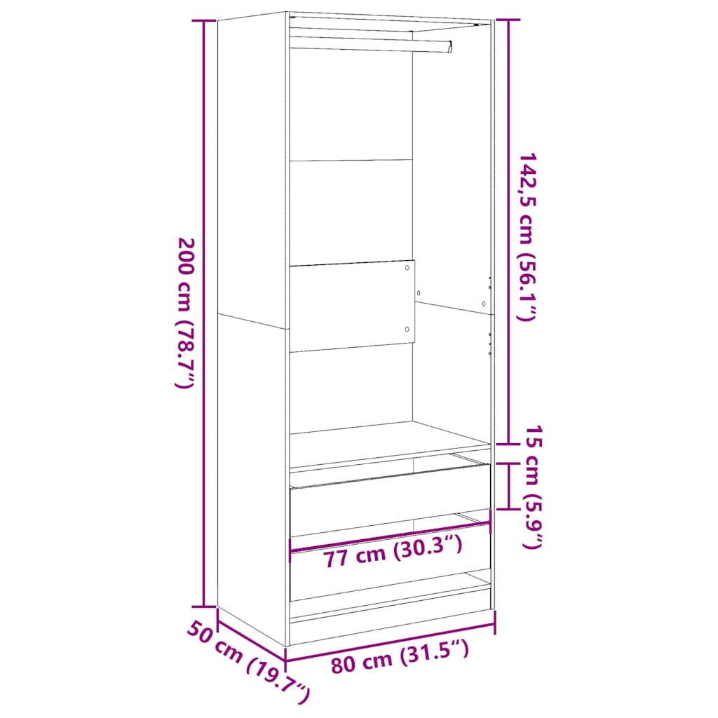 Wardrobe Grey Sonoma 80x50x200 cm Engineered Wood