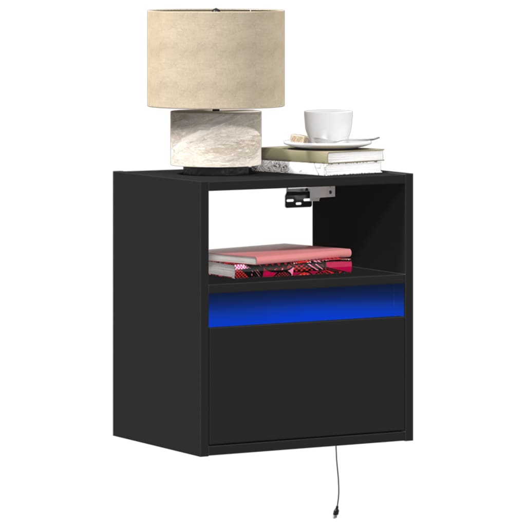 Wall-mounted Bedside Cabinet with LED Lights Black