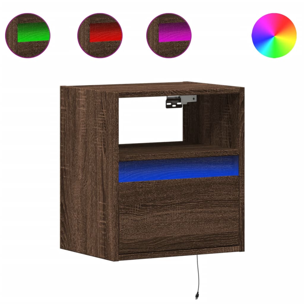 Wall-mounted Bedside Cabinet with LED Lights Brown Oak