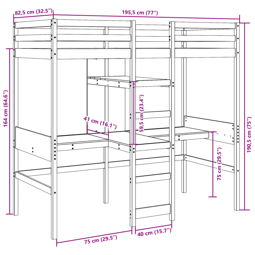 Loft Bed Frame without Mattress 75x190cm Solid Wood Pine