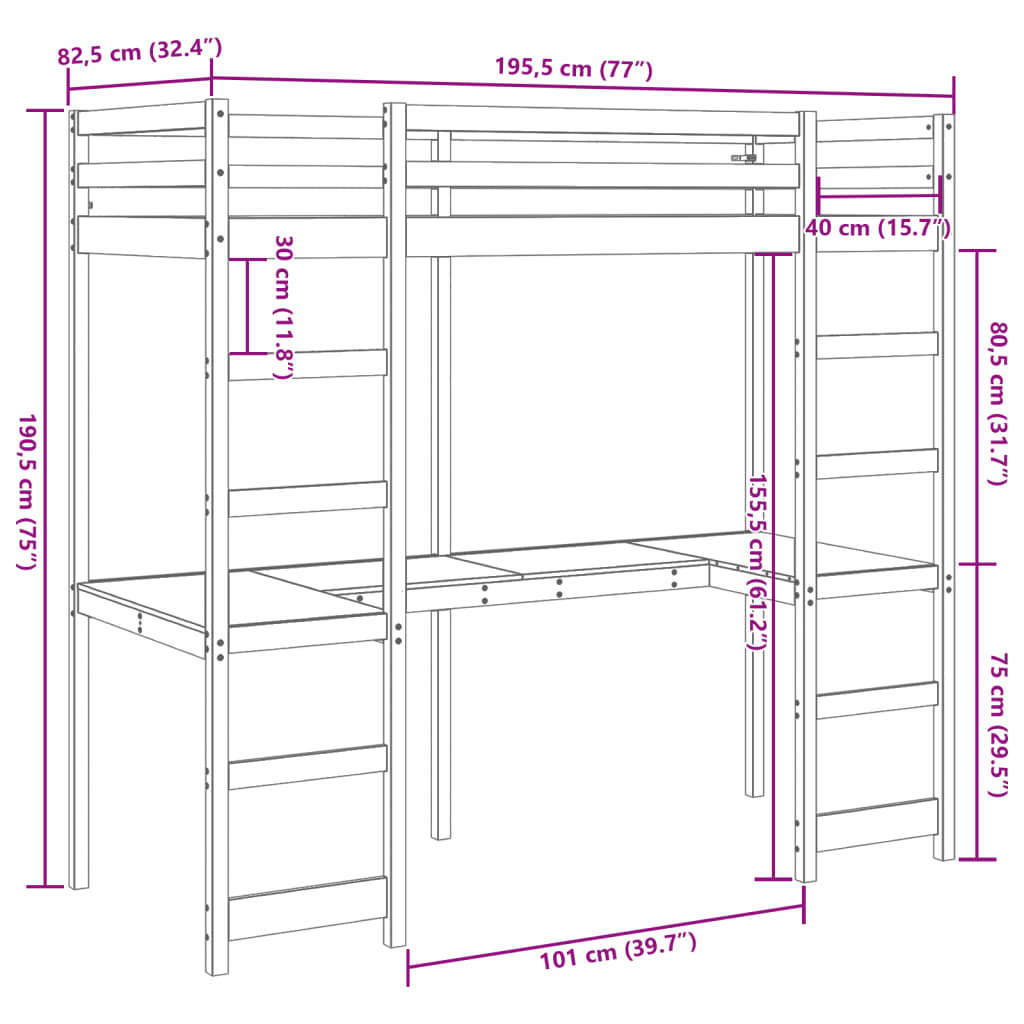 Loft Bed Frame without Mattress 75x190 cm Small Single Solid Wood Pine