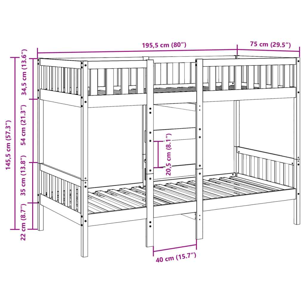 Bunk Bed White 75x190 cm Solid Wood Pine