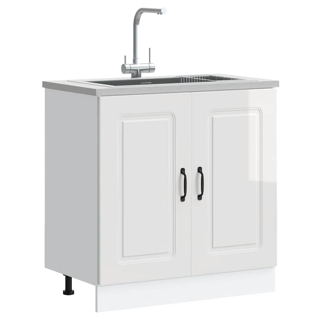 Sink Base Cabinet Kalmar High Gloss White 80x46x81.5 cm Engineered Wood